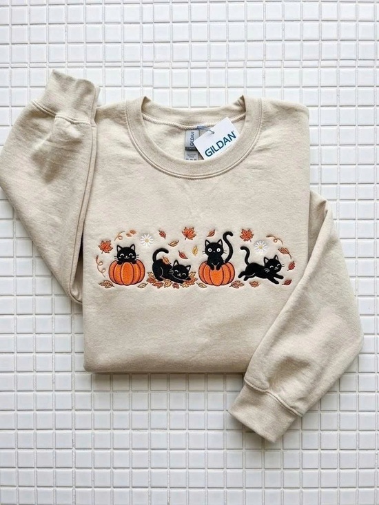 Gildan Sweaters - Vintage Black Cats Pumpkin Sweatshirt Cute Fall Halloween Graphic Crewneck
